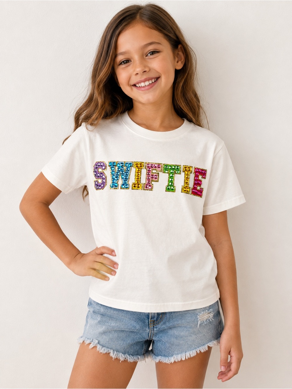 Lola + The Boys Girls Size 8 SWIFTIE Rhinestone Sequin T Shirt White